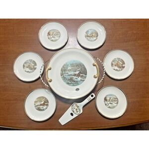 Vtg Gold Currier & Ives Porcelain Cake Dessert Plate 6 Cake Plates, Rack, Server